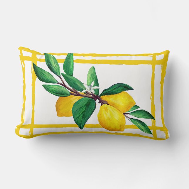 Lemon Leaves Citrus Yellow Green Leaf Lattice Lumbar Pillow (Front)