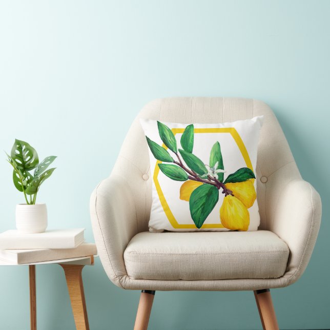 Lemon Leaves Citrus Yellow Green Leaf Modern Throw Pillow (Chair)