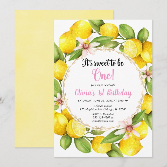 Lemon Lemonade girl 1st birthday invitation (Front/Back)