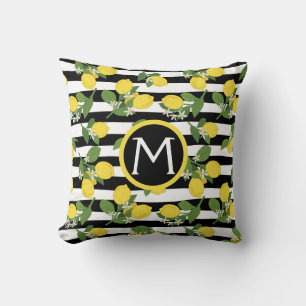 Lemon Lemons Citrus Monogram Black Stripes Throw Pillow
