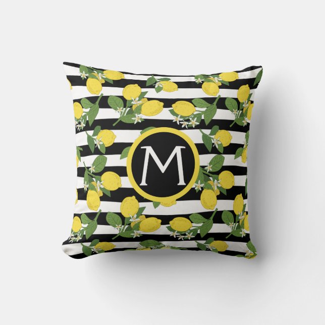 Lemon Lemons Citrus Monogram Black Stripes Throw Pillow (Front)