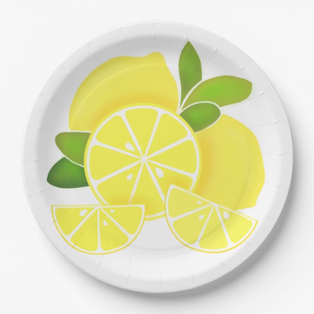 Lemon lemons lemon slices tropical yellow fruit  paper plate (Front)