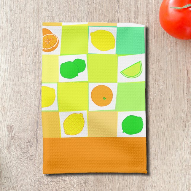 Lemon, Lime and Oranges Citrus Slice Orange Border Kitchen Towel (Citrus slices pattern retro kitchen towel by MomsRetro)