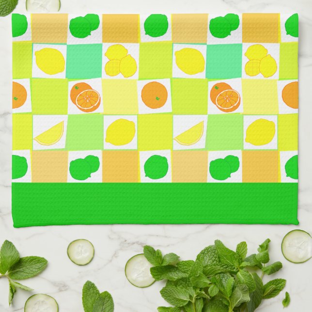 Lemon Lime and Oranges Pattern Green Border Kitchen Towel (Folded)