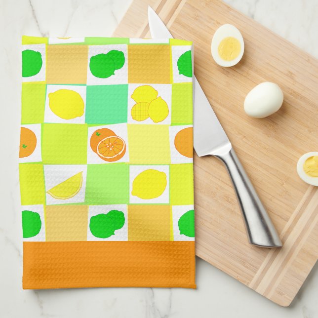 Lemon Lime and Oranges Pattern Orange Border Kitchen Towel (Quarter Fold)