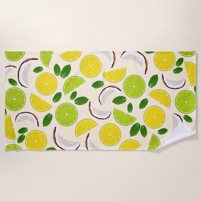 Lemon lime coconut and mint happy cheerful pattern beach towel (Front)