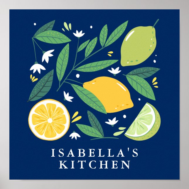 Lemon Lime Fruit Design Blue Personalized Kitchen Poster (Front)