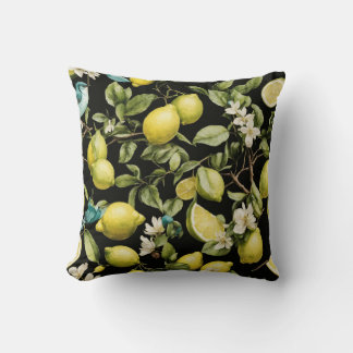 Lemon Lime Noir: Citrus Pattern on Dark Black Back Throw Pillow
