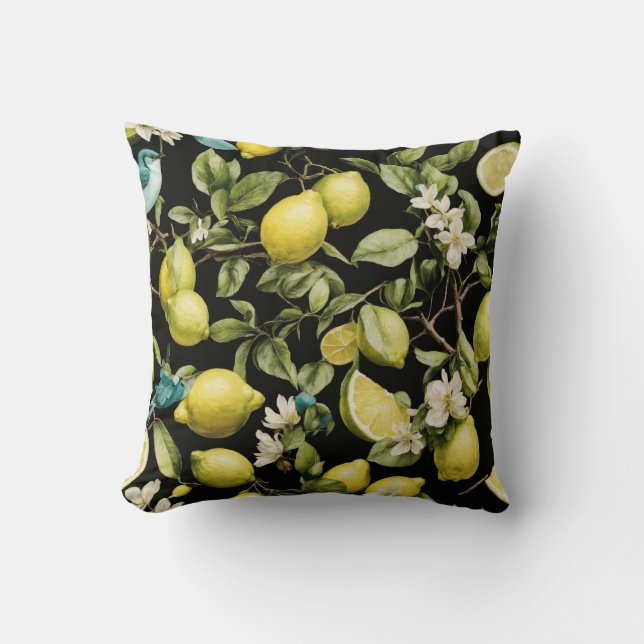 Lemon Lime Noir: Citrus Pattern on Dark Black Back Throw Pillow (Front)
