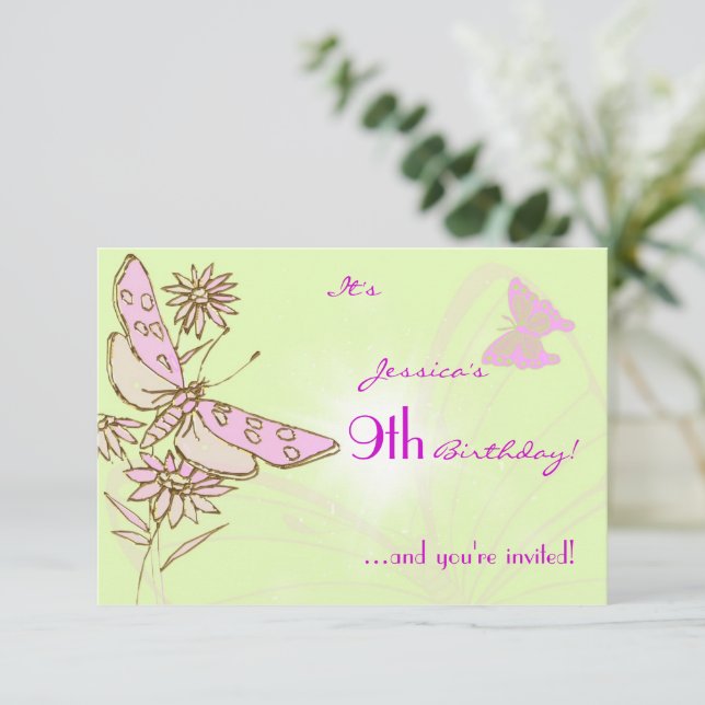 Lemon Lime Pink Butterfly Birthday RSVP Invitation (Standing Front)