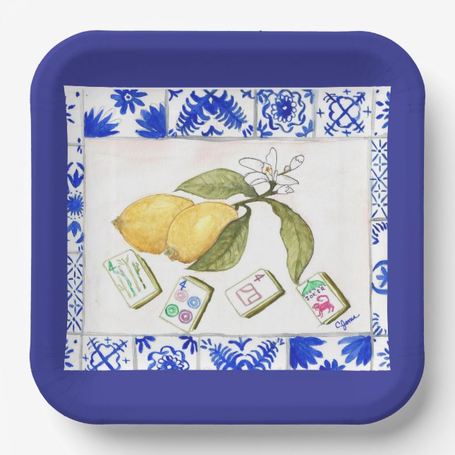 lemon mahjong blue paper plate (Front)