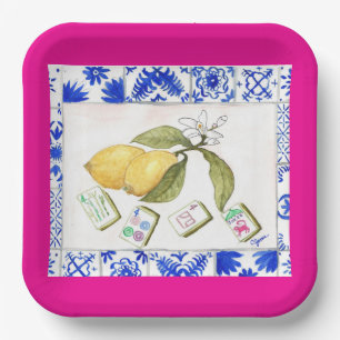 lemon mahjong fuchsia paper plate