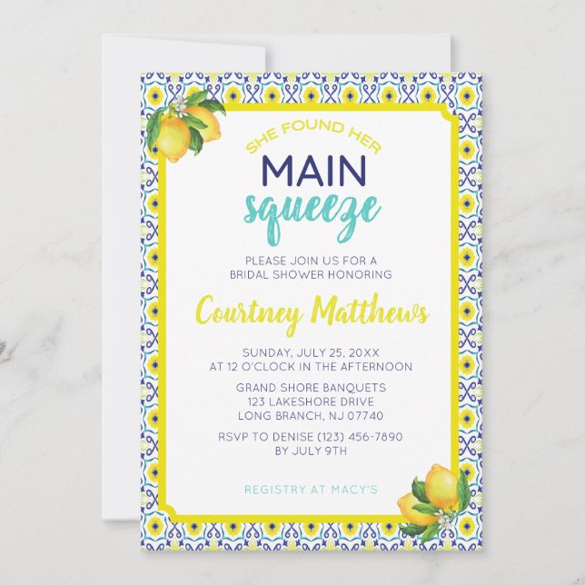 Lemon Main Squeeze Blue Bridal Shower Invitation (Front)