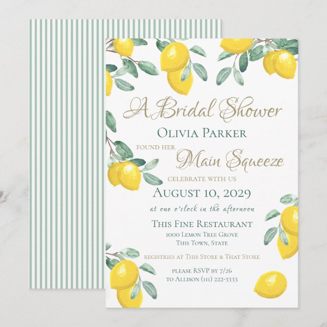 Lemon Main Squeeze Bridal Shower Invitation (Front/Back)