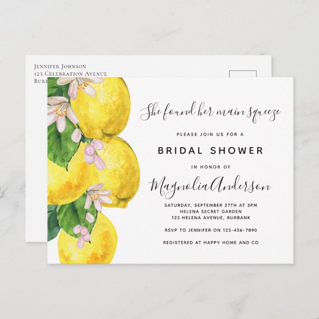 Lemon Main Squeeze Bridal Shower Invitation Postcard (Front/Back)