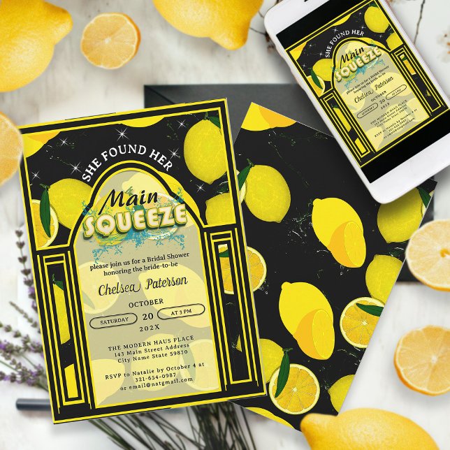 Lemon Main Squeeze Elegant Arch Black and Yellow  Invitation (Creator Uploaded)