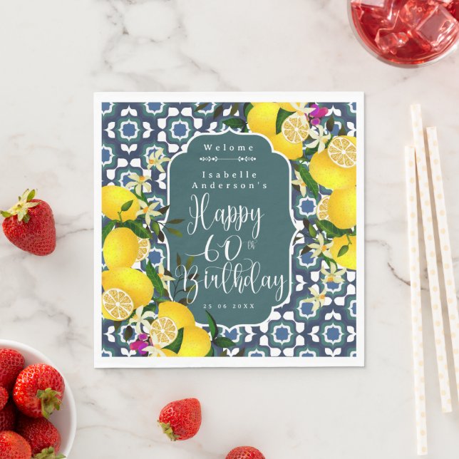 Lemon Mediterranean 60th Birthday Navy Napkin (Insitu)