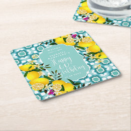 Lemon Mediterranean 60th Birthday Ocean Blue Square Paper Coaster