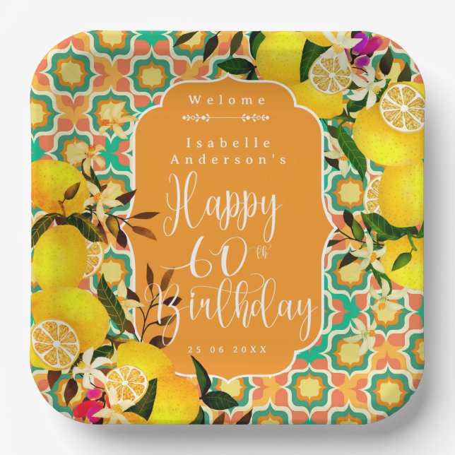 Lemon Mediterranean 60th Birthday Orange Paper Plate (Front)