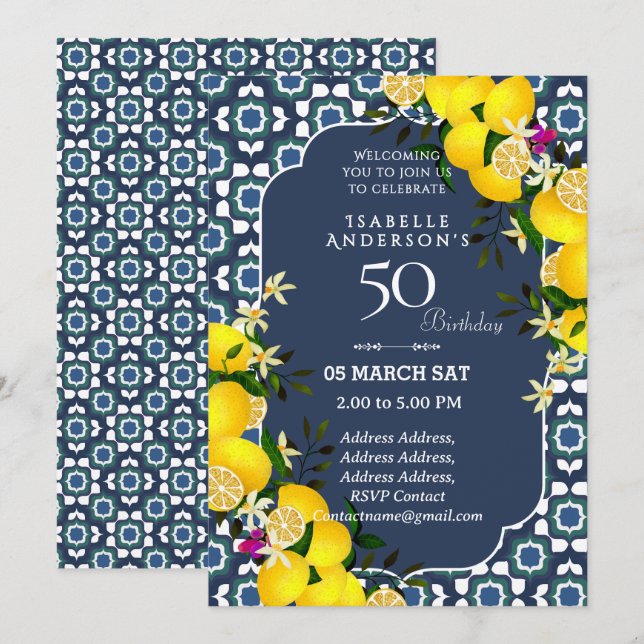 Lemon Mediterranean Blue 50th invitation (Front/Back)
