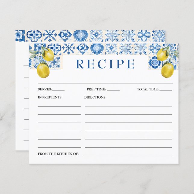 Lemon Mediterranean Blue Tile Bridal Recipe Card (Front/Back)