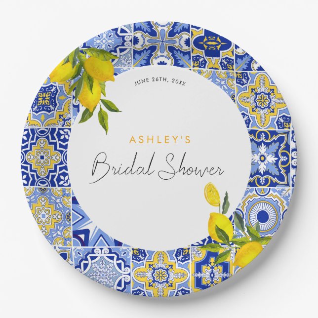 Lemon Mediterranean Boho Arch Bridal Shower Paper Plate (Front)
