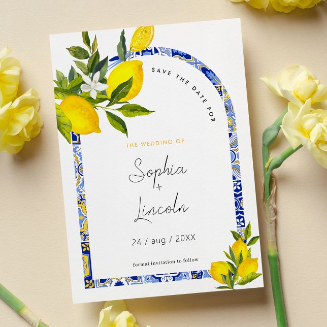 Lemon Mediterranean Boho Arch Save The Date Card (Creator Uploaded)