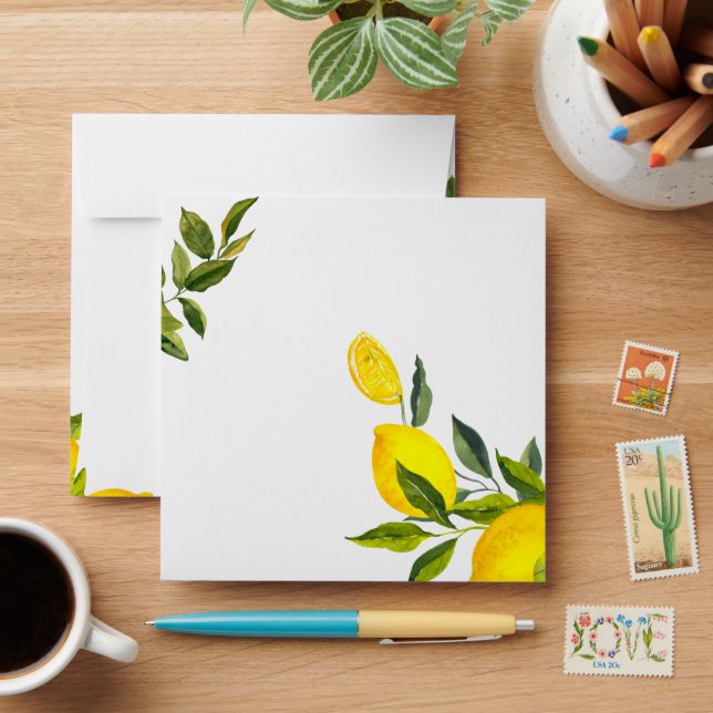 Lemon Mediterranean Bridal Shower Thank You Card Envelope (Desk)