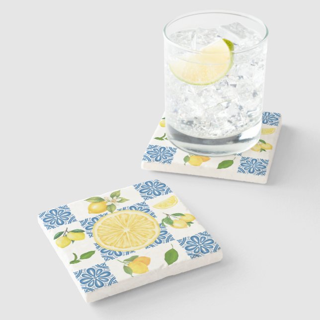 Lemon Mediterranean French Country Tile Pattern Stone Coaster (Side)