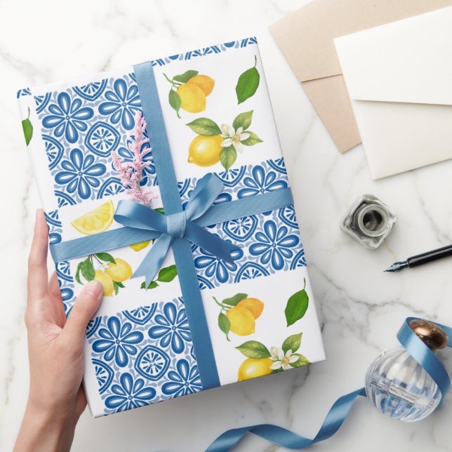 Lemon Mediterranean French Country Tile Pattern Wrapping Paper (Gifting)