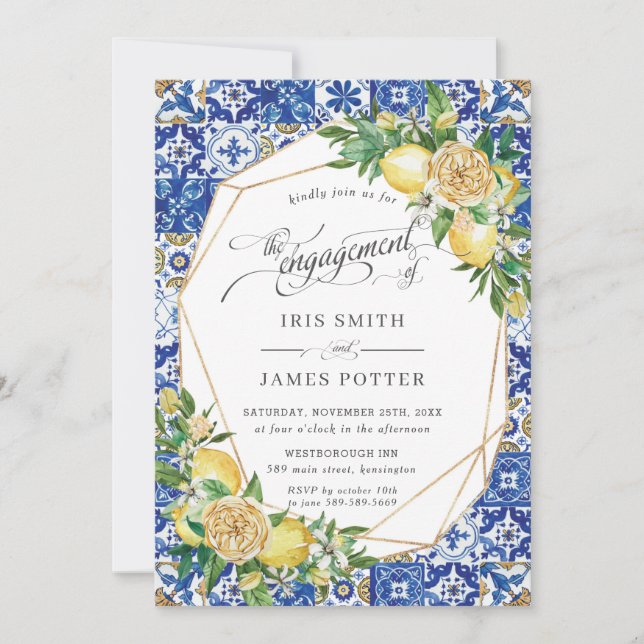 Lemon Mediterranean Greenery Geometric Engagement  Invitation (Front)