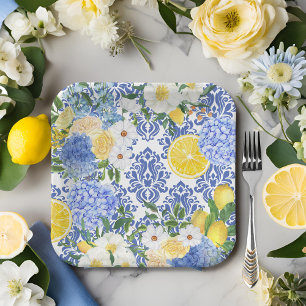 Lemon Mediterranean Tile Blue and Yellow floral Paper Plate
