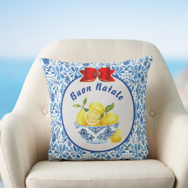 Lemon Mediterranean Tile Buon Natale Blue Red Bow Throw Pillow (Creator Uploaded)