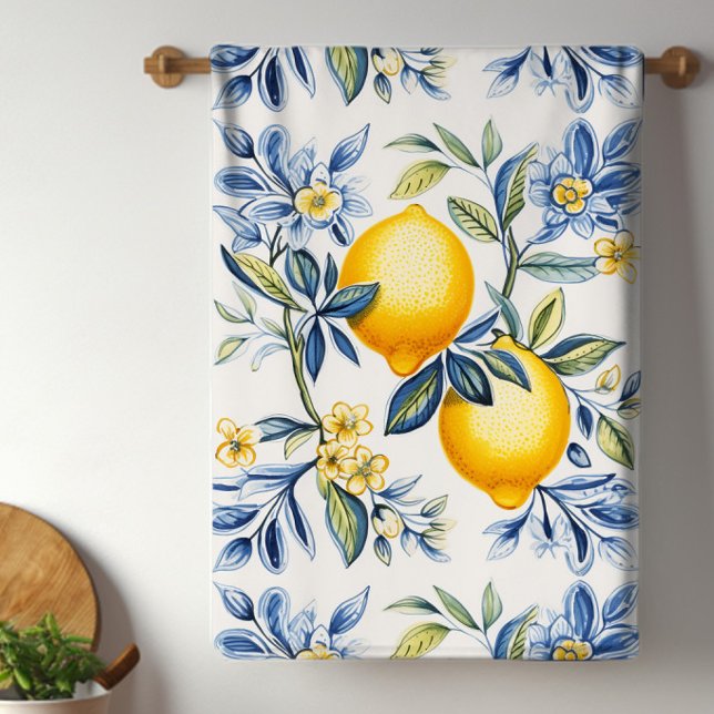 Lemon Mediterranean Tile  Kitchen Towel (Pretty blue and white lemon kitchen towels will brighten any kitchen.)