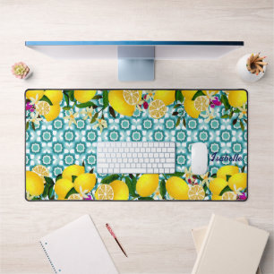 Lemon Mediterranean Tiles Blue Desk Mat