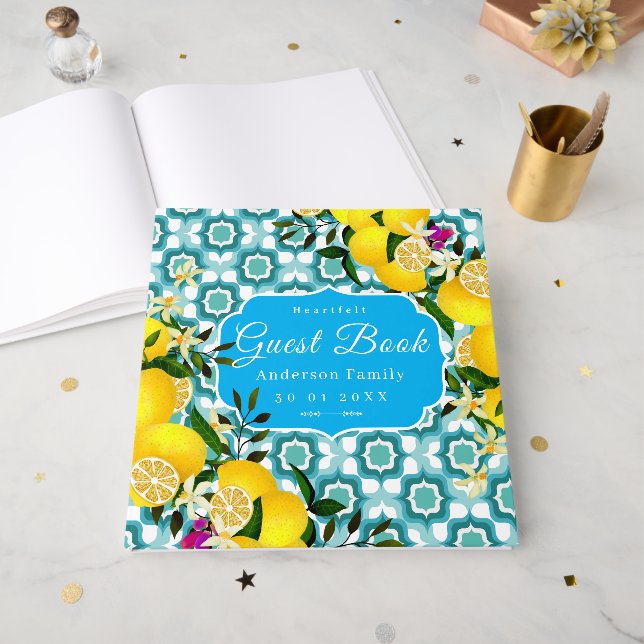Lemon Mediterranean Tiles Blue Guest Book (Front Open)
