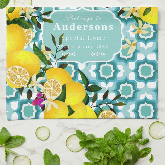 Lemon Mediterranean Tiles Blue  Kitchen Towel (Folded)