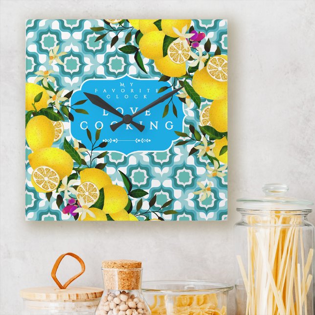 Lemon Mediterranean Tiles Blue Square Wall Clock (Lemon Mediterranean Tiles Blue Square Wall Clock)