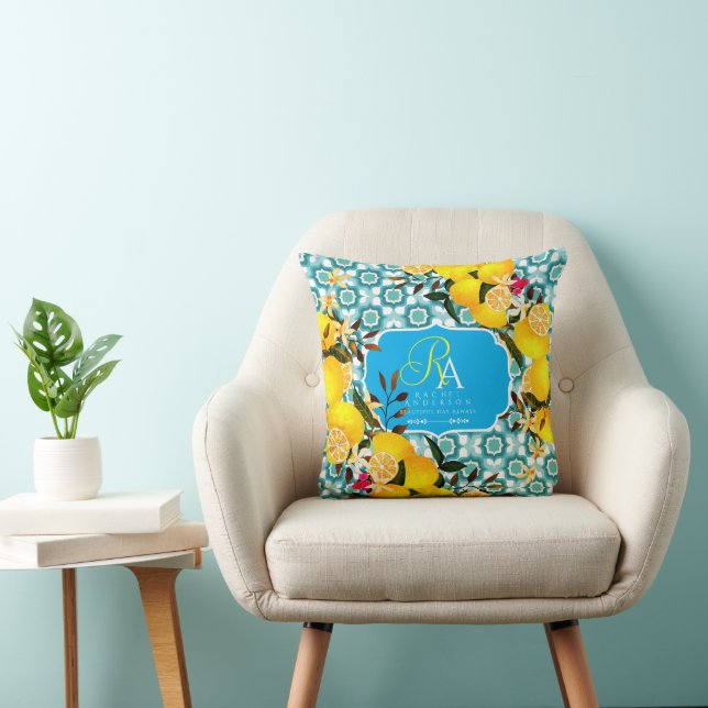 Lemon Mediterranean Tiles Blue Throw Pillow (Chair)