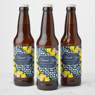 Lemon Mediterranean Tiles Navy Blue White Beer Bottle Label