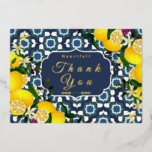 Lemon Mediterranean Tiles  Navy Blue White Foil Holiday Card