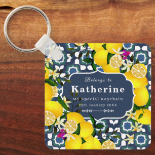 Lemon Mediterranean Tiles Navy Blue White Keychain