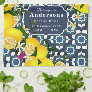 Lemon Mediterranean Tiles Navy Blue White Kitchen Towel