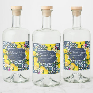 Lemon Mediterranean Tiles Navy Blue White Liquor Bottle Label
