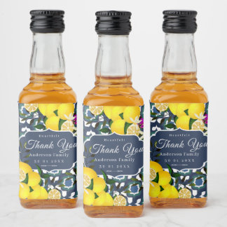 Lemon Mediterranean Tiles Navy Blue White Liquor Bottle Label