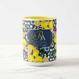Lemon Mediterranean Tiles Navy Blue White Mug
