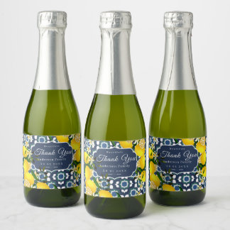 Lemon Mediterranean Tiles Navy Blue White Sparkling Wine Label