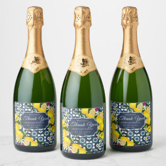 Lemon Mediterranean Tiles Navy Blue White Sparkling Wine Label