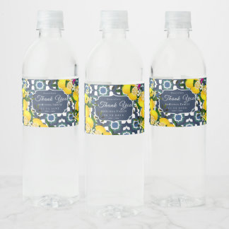 Lemon Mediterranean Tiles Navy Blue White Water Bottle Label