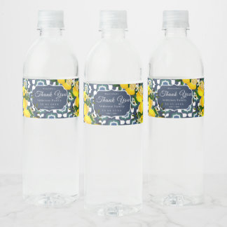 Lemon Mediterranean Tiles Navy Blue White Water Bottle Label